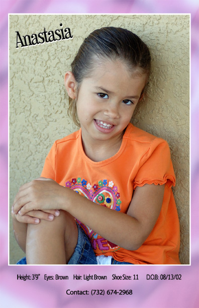 Anastasia model comp card for childrens fashion